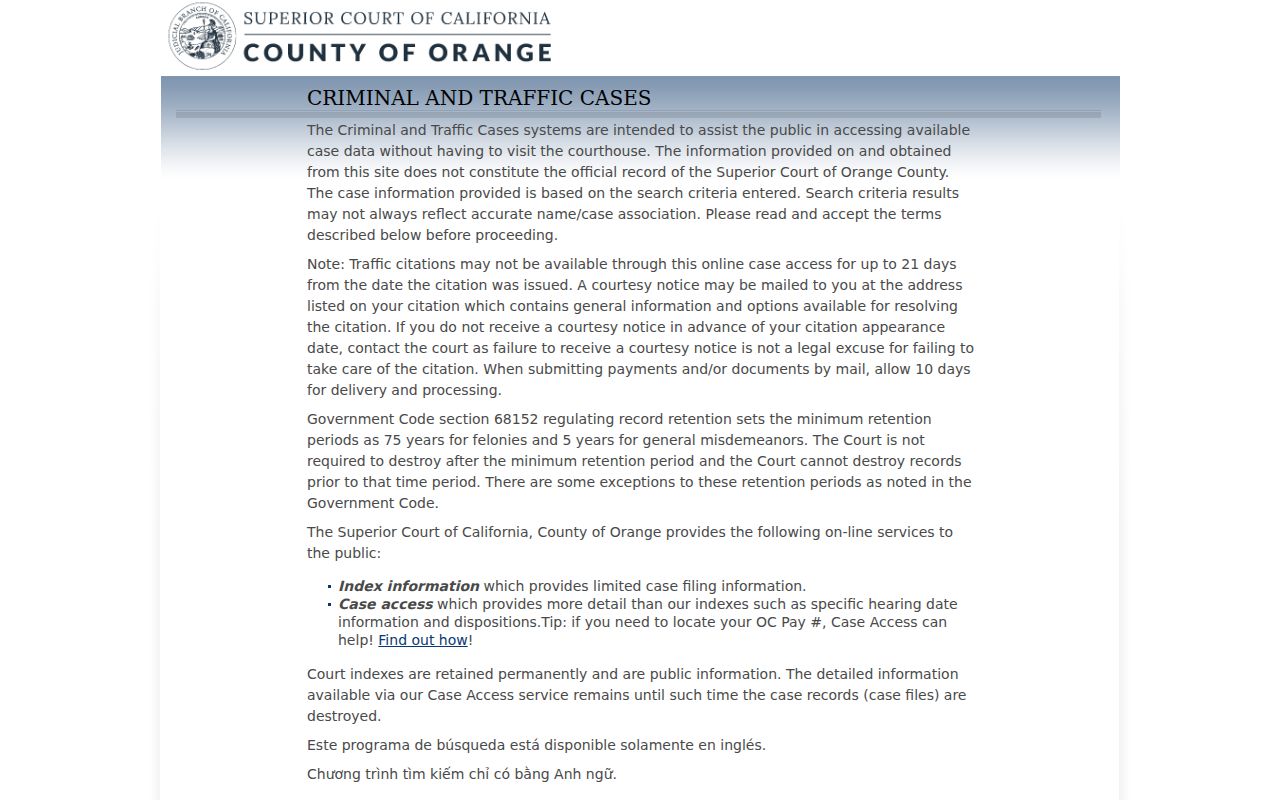 Stanton resident lookup criminal and traffic case access screen