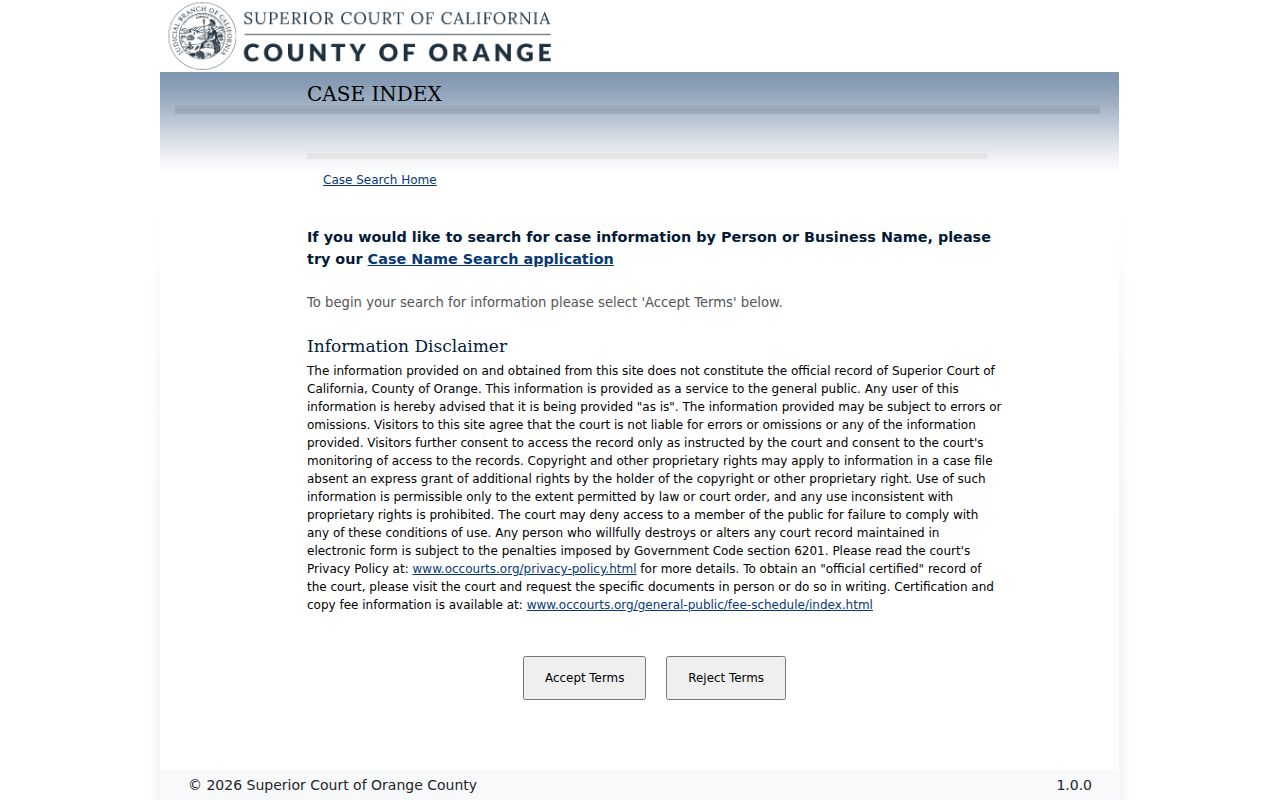 Stanton resident lookup Orange County court index search screen