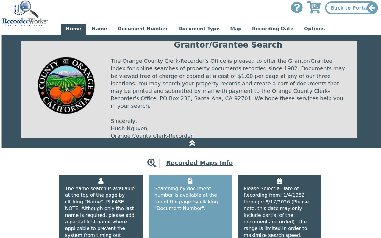 Stanton street directory Orange County grantor grantee deed index