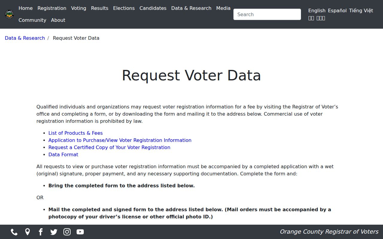 Stanton ZIP code directory Orange County voter data request